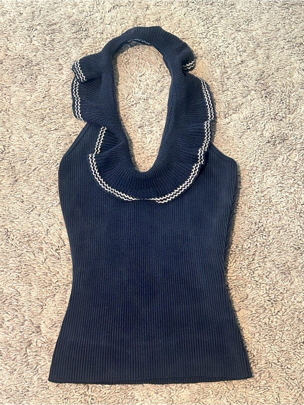 Ralph Lauren Sleeveless Navy Ribbed Halter Top Scallop  Collar Silk Blend Small